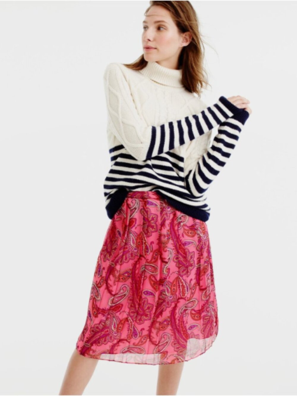 J. CREW Size 4 Double-pleated Skirt Vivid Paisley 100% Silk Pink Multi Color